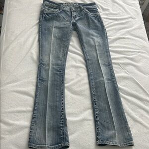 Wallflower Y2K Distressed Blue Flare Jeans Low Rise Embroidered Pockets Size 5